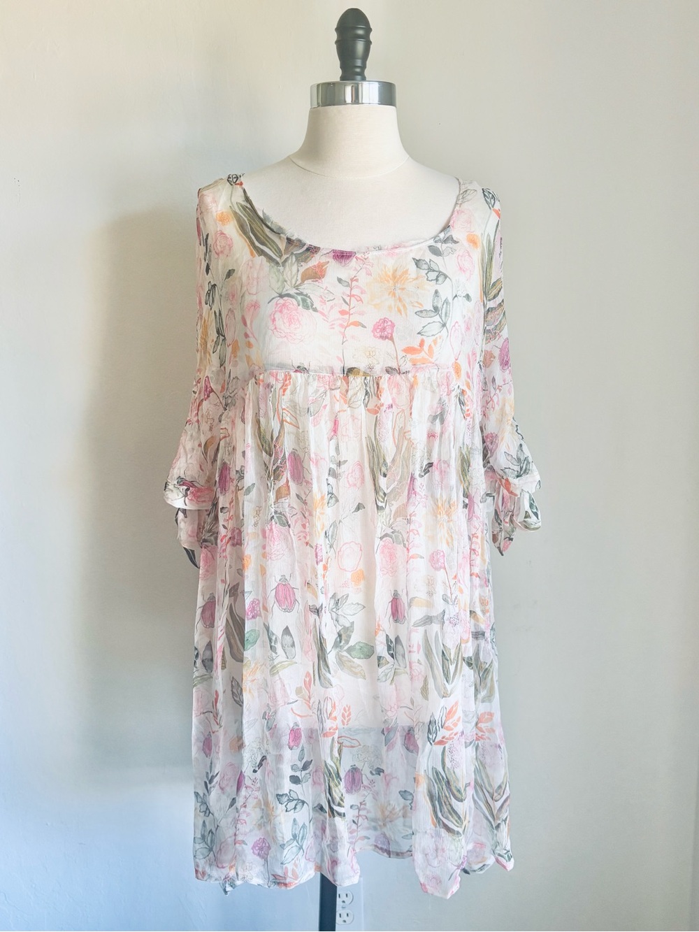 Lightweight Sheer Floral Babydoll Tunic Dress - Pastel Pink & Green